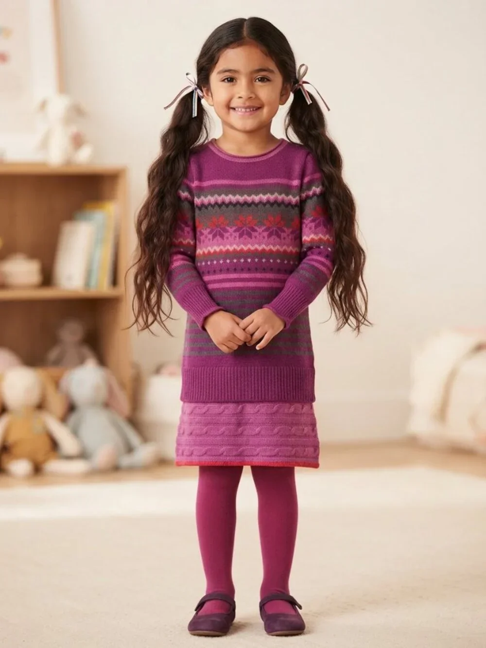Deux par Deux Girls Fair Isle Knit Long Sleeve Sweater Dress Wool Blend 7